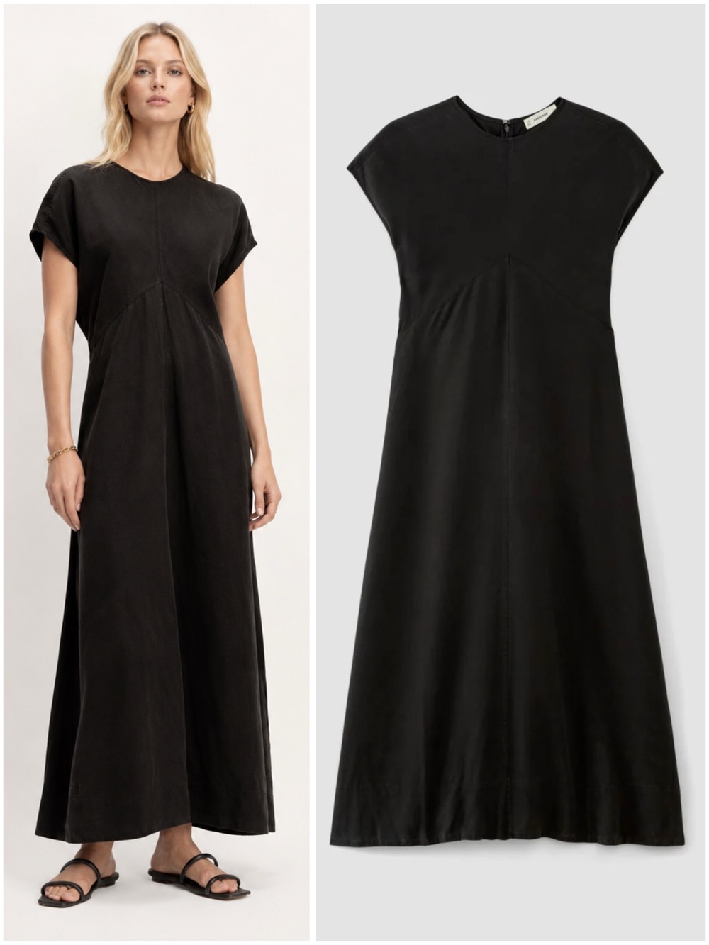 Everlane TENCEL Short Sleeve Midi Dress Black Draped Maxi Size 16 NWOT